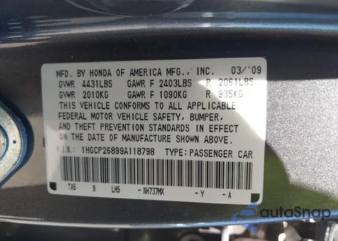 2009 Honda Accord 2.4 Ex-L из США, поврежденный, VIN 1HGCP26899A118798